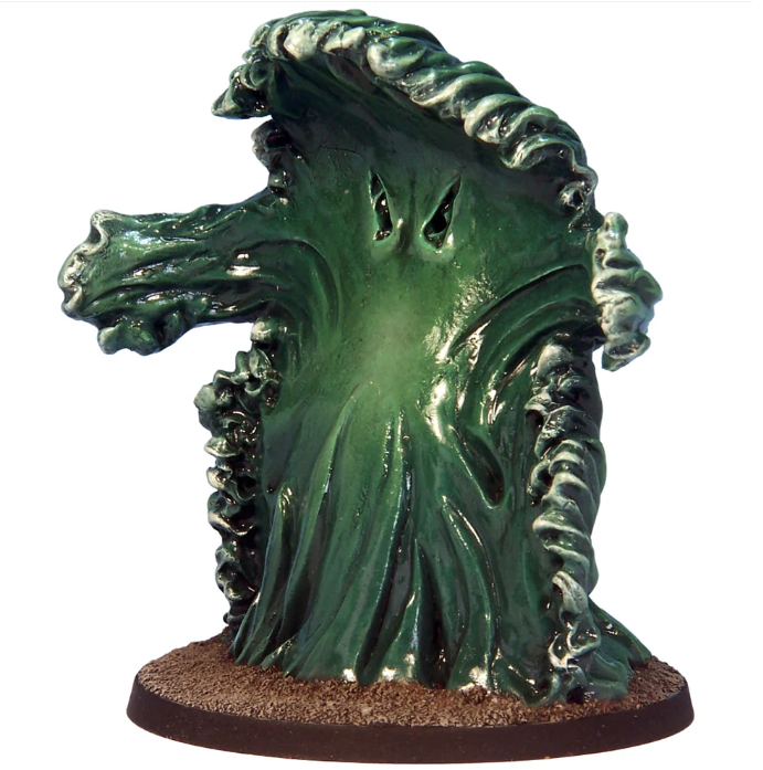 Green fantasy creature head on a brown base against a white background. Crooked Dice Water Elemental resin fantasy miniature