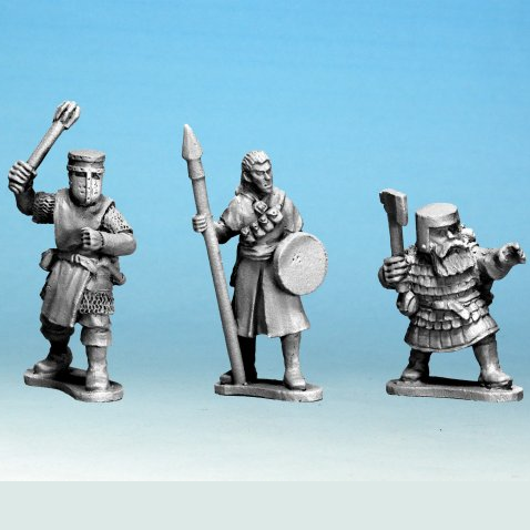 Crusade Miniatures Clerics 28mm Metal Miniatures. Three unpainted 28mm metal clerics – an elf, a human, and a dwarf – on integrated bases, ideal for tabletop gaming, painting, and fantasy collecting.