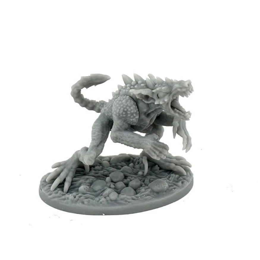 Unpainted Cryptid: Chupacabra miniature by Jason Wiebe from Bones USA. Features a spiked back, claws, and menacing posture on a textured base.