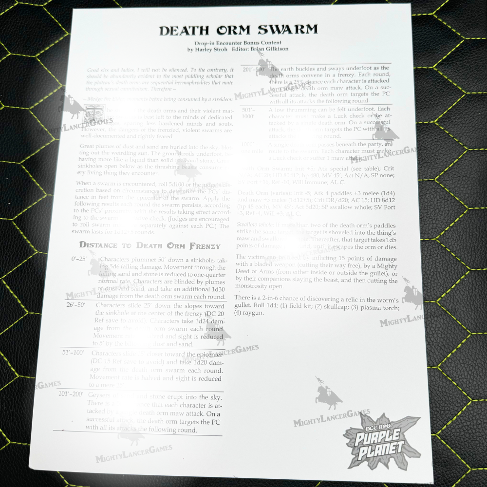 Death Orm Swarm single-sheet encounter for Dungeon Crawl Classics RPG Purple Planet, designed by Harley Stroh and edited by Brian Gilkison.
