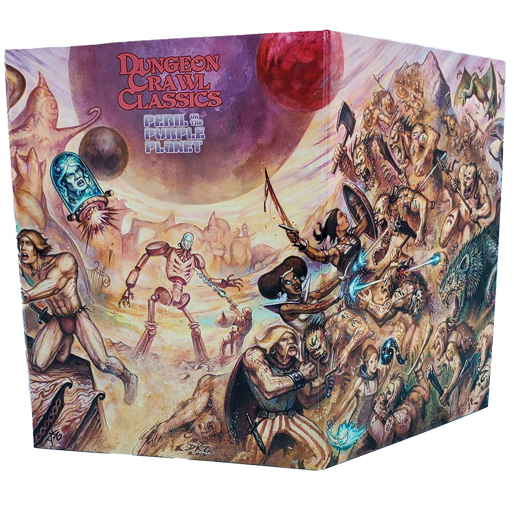 Dungeon Crawl Classics RPG Purple Planet Judge’s Screen made of durable cardstock, featuring artwork and reference charts for the Purple Planet campaign setting.