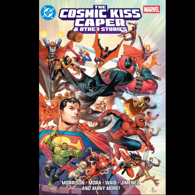 Comic book cover for Marvel's The Cosmic Kiss Caper & Other Stories, featuring a dynamic collage of superheroes including Batman, Spider-Man, Superman, Deadpool, and others in an action scene. DC/Marvel: The Cosmic Kiss Caper & Other Stories paperback graphic novel