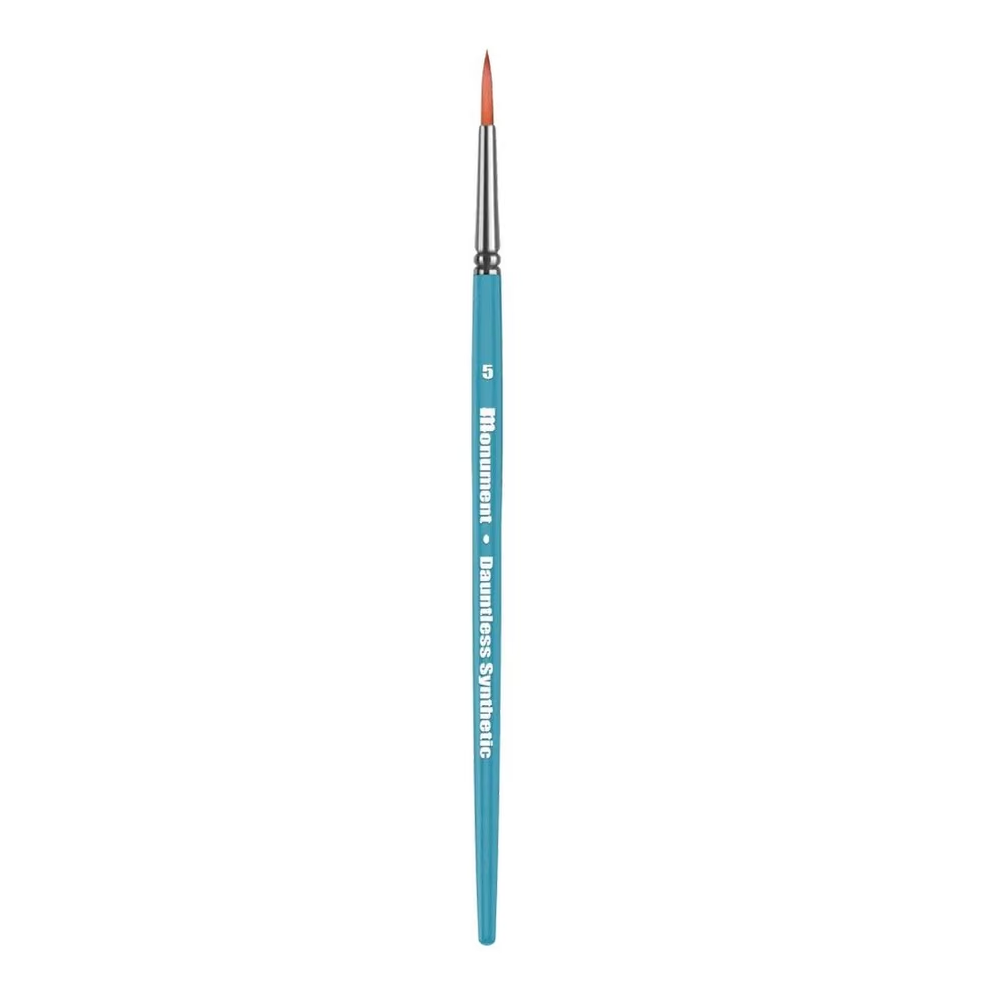 A single fine paint brush with a light blue handle, silver ferrule, and orange-brown bristles, shown vertically on a plain white background. The handle features white text reading Dauntless Synthetic 5 Paint Brush - Monument Hobbies