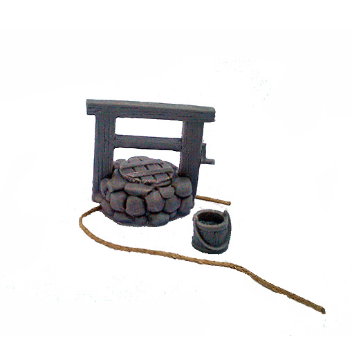 Dead Man’s Hand Well by Great Escape Games. 28mm resin scenery includes well base, well head, and bucket. Models unpainted. Thread needed for rope feature.