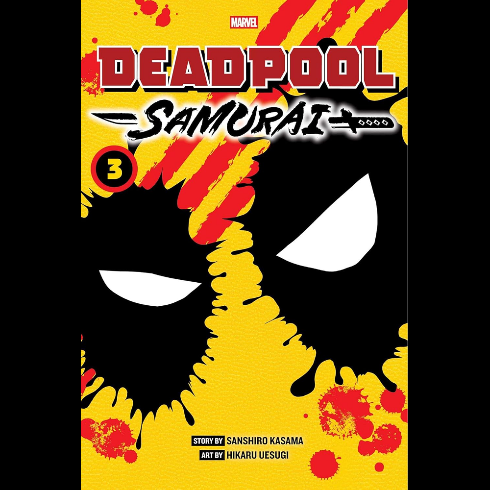 Cover of Deadpool: Samurai Vol. 3 manga featuring Deadpool in dynamic Japanese-style art, dual swords drawn, surrounded by explosive action.