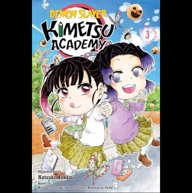 Front cover of the manga volume 'Demon Slayer: Kimetsu Academy Volume 3' featuring two chibi anime characters against a bright illustrated background with butterflies, a pumpkin, and school-themed elements. Demon Slayer Kimetsu Academy Vol. 3