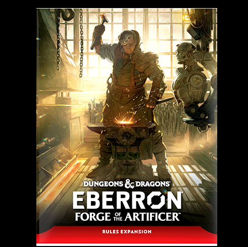 Dungeons & Dragons Eberron Forge of the Artificer rules expansion book cover with a blacksmith at work.
