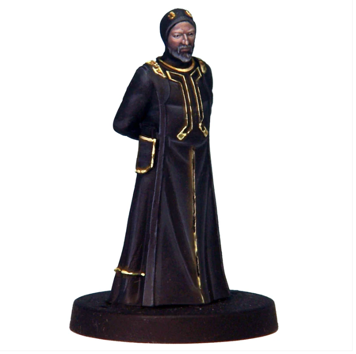 Electron Citizen by Crooked Dice, a white metal miniature for your tabletop games. This male wearing a floor length gown with head covering is a great mini to add to your 80's themed game