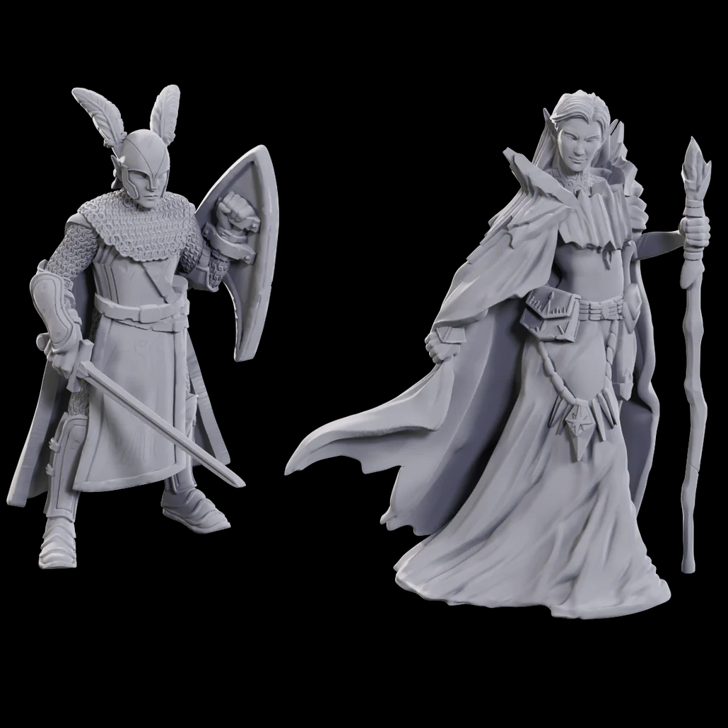 Limited Edition Elf miniatures by WizKids for D&D Nolzur's Marvelous Miniatures 50th Anniversary. Pre-primed, unpainted with detailed armour, robes, and accessories.