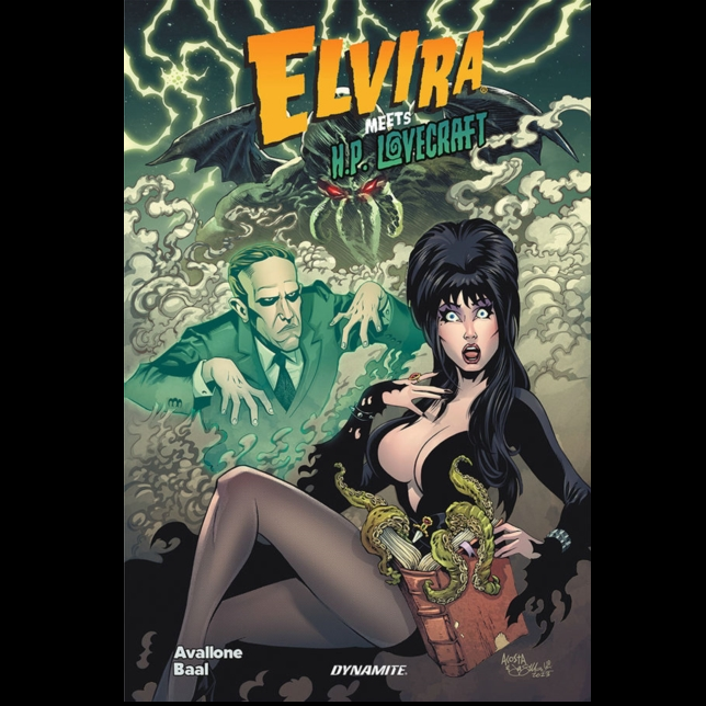 Elvira Meets H.P. Lovecraft paperback graphic novel by David Avallone. Elvira with a shocked face looking at the camera