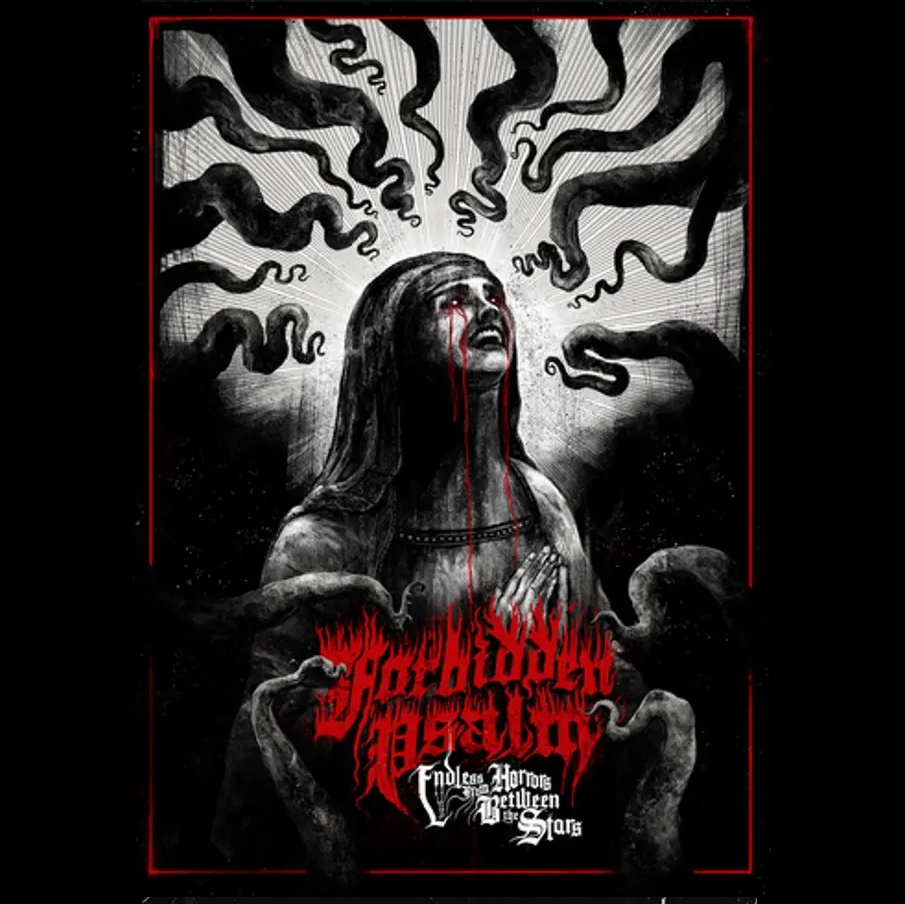 Artistic depiction of a woman with dark hair and a red line, surrounded by swirling black lines, with text at the bottom. Endless Horrors From Between the Stars hardback miniature skirmish game rulebook cover