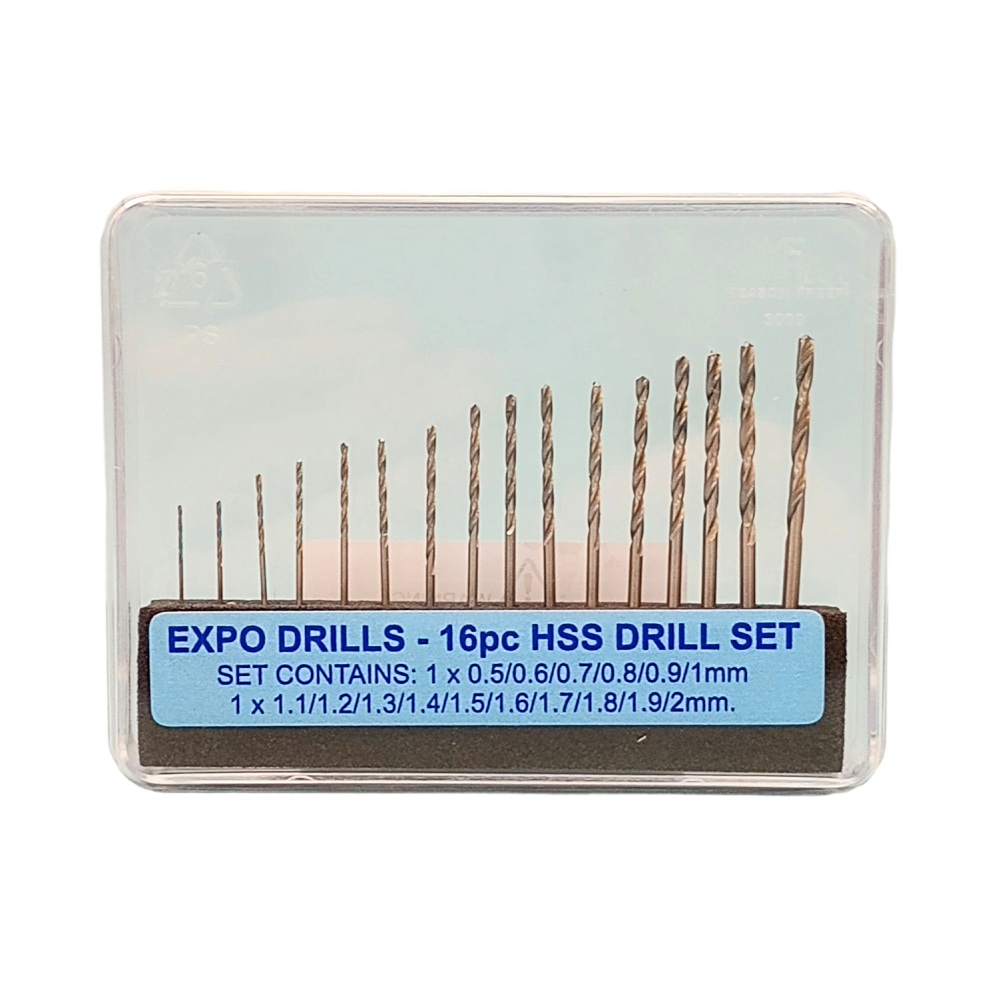 16-piece HSS drill set in a clear plastic case on a white background