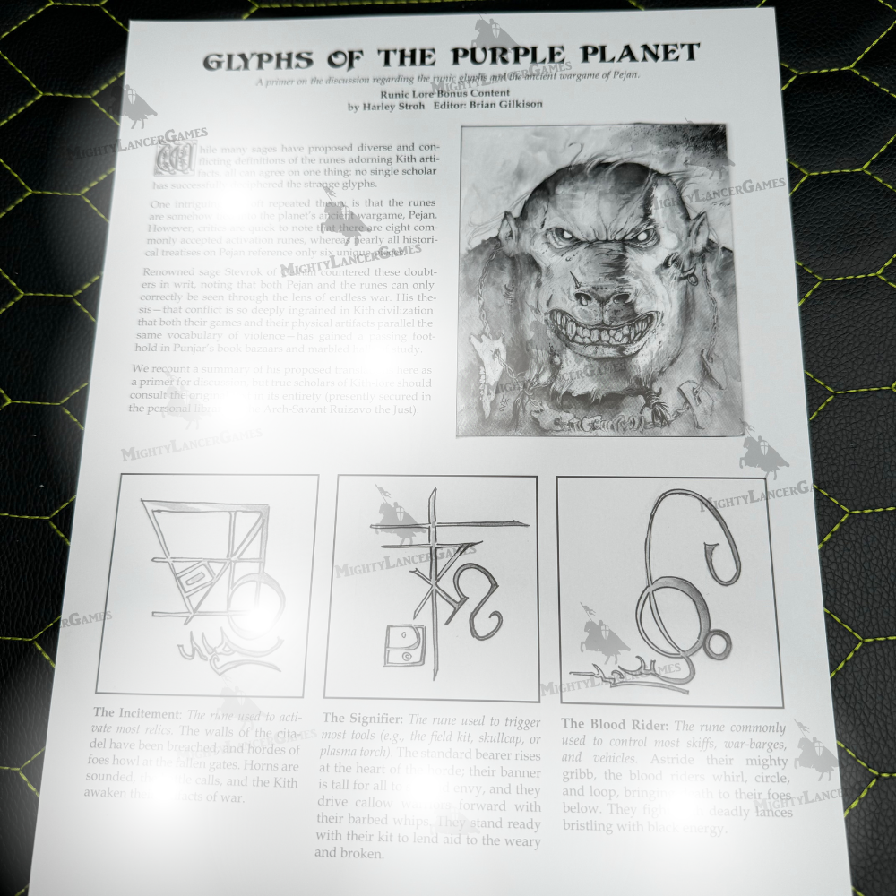 Glyphs Of The Purple Planet single-sheet encounter for Dungeon Crawl Classics RPG, featuring runic lore and insights by Harley Stroh, edited by Brian Gilkison.