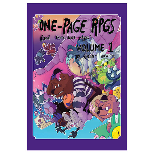 Cover of 'One-Page RPGs' with colourful characters and a purple border. Grant Howitt One-Page RPGs vol 1