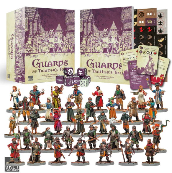 Guards of Traitor's Toll Starter Set. A skirmish adventure game with 36 miniatures, 108 cards, and a 112-page rulebook. Patrol the streets and uncover city secrets.