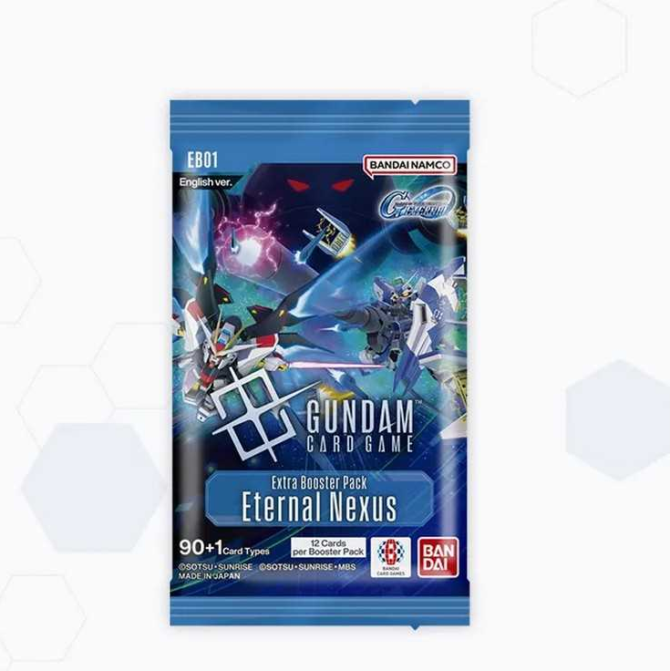 Gundam card game booster pack with branding on a white background. Gundam Card Game: Extra Booster Pack Eternal Nexus