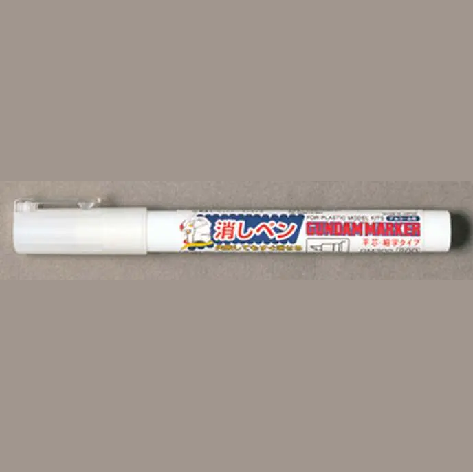A white Gundam Mark-5 eraser pen with Japanese text and a red logo, shown horizontally against a solid gray background. Gundam Eraser Marker - Fine Flat Tip