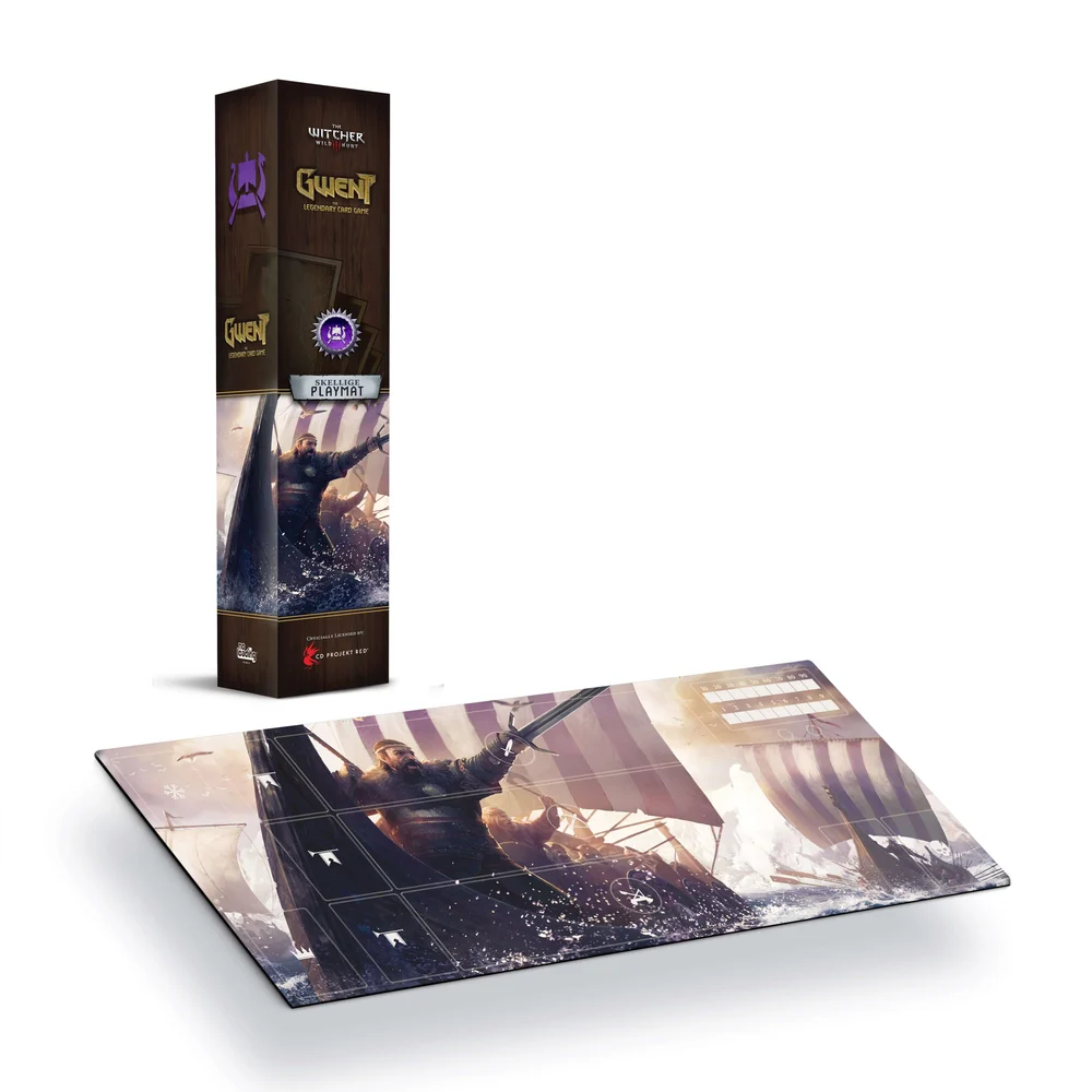 Gwent Skellige playmat images showing the tall product box standing upright and the printed playmat laid out in front on a clean white background.