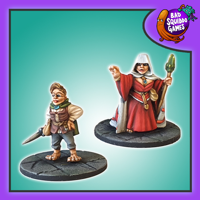 Bad Squiddo Games halfling thief and mage 28mm resin RPG miniatures unpainted