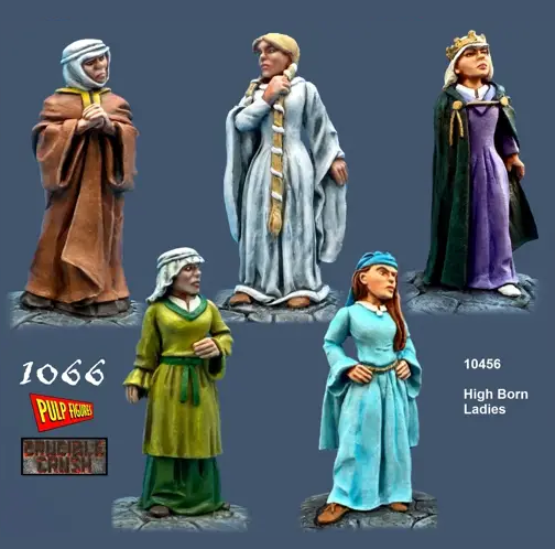 High Born Ladies 28mm Metal Miniatures. Set of five figurines in different costumes on a blue background