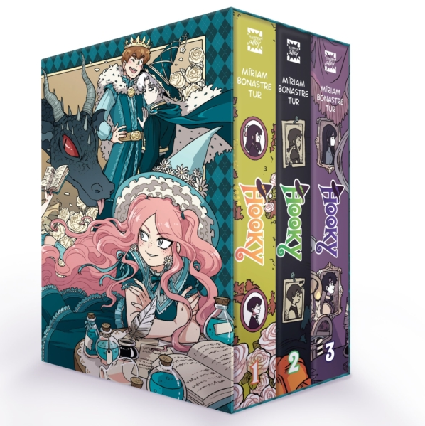 A boxed set of three illustrated books or volumes titled 'Hookey' by Miriam Bonastre Tir, shown standing upright against a plain white background. The cover and spines feature colourful fantasy-style artwork with a blue dragon, a woman with pink hair, and a teal-and-purple patterned background. Hooky 3 Book Box Set graphic novel collection by Miriam Bonastre Tur