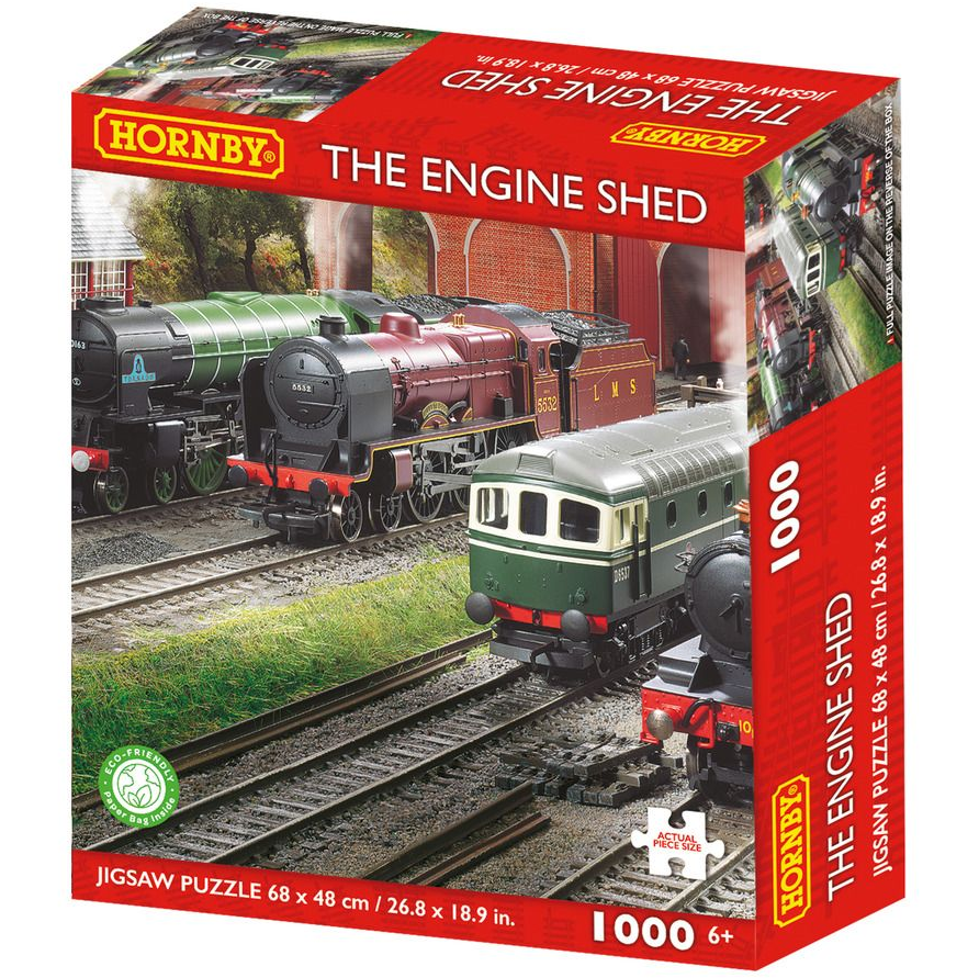 Hornby 'The Engine Shed' jigsaw puzzle box with train images on a white background