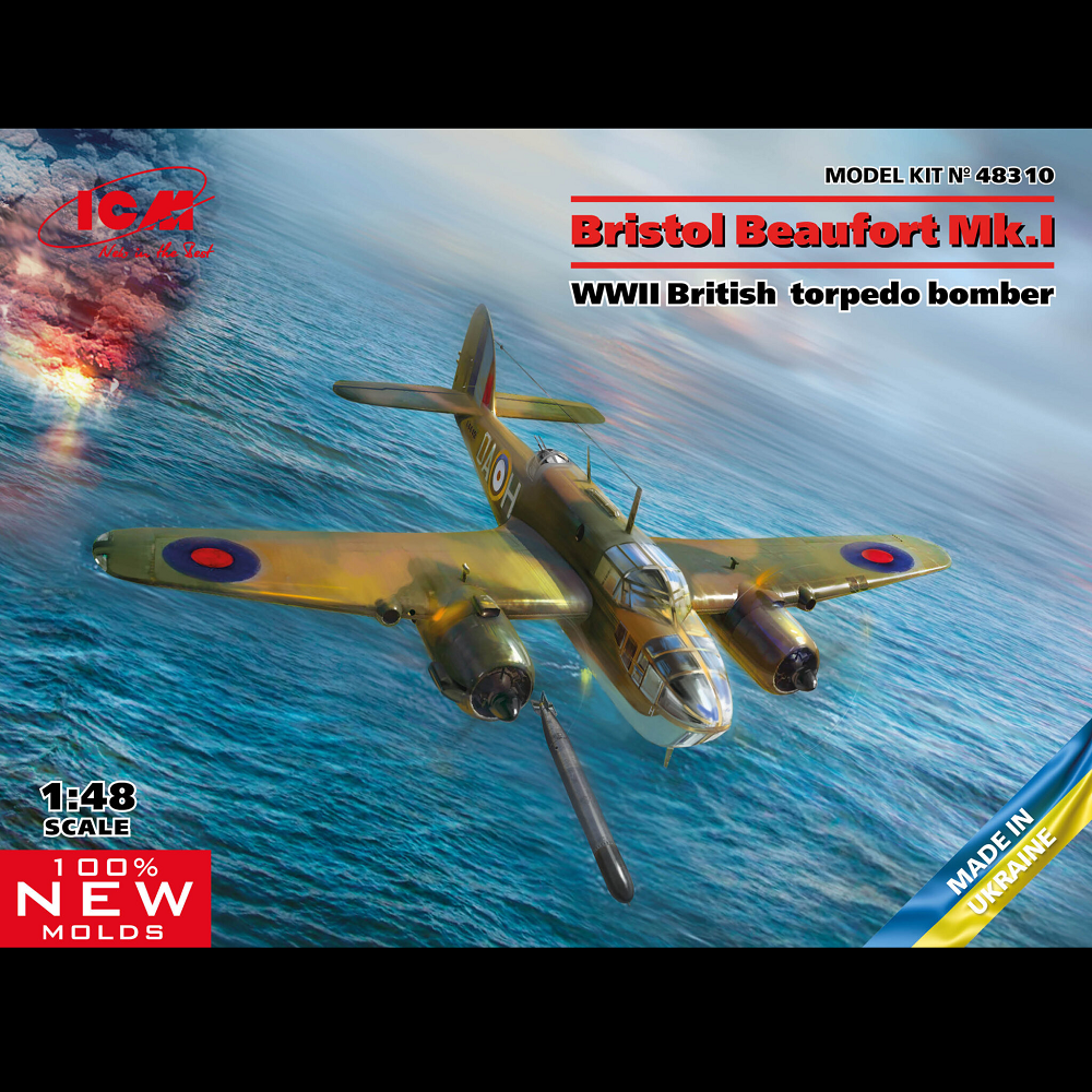 Bristol Beaufort Mk.I. A 1:48 scale plastic model kit depicting the RAF’s twin-engine torpedo bomber used in WWII. Requires assembly and painting.