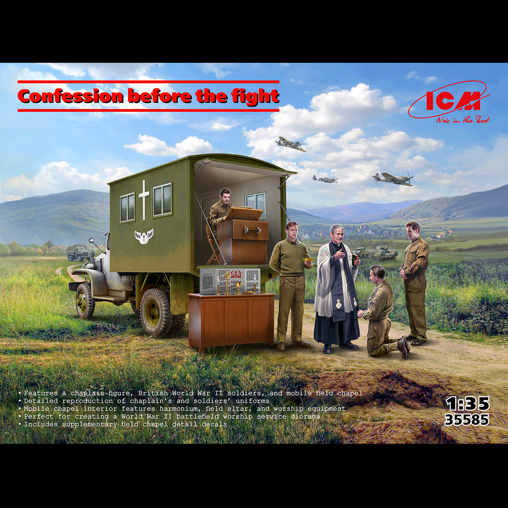ICM Confession Before the Fight (35585). A 1:35 scale model kit depicting a British WWII chaplain and soldiers with a mobile field chapel based on a G7117 truck