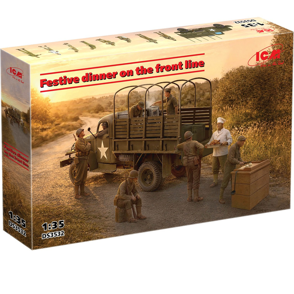 ICM Festive Dinner on the Front Line U.S. WWII G7117 Kitchen Truck 1:35 scale plastic model kit with figures. Model kit box for a festive dinner on the front line with soldiers and a truck.