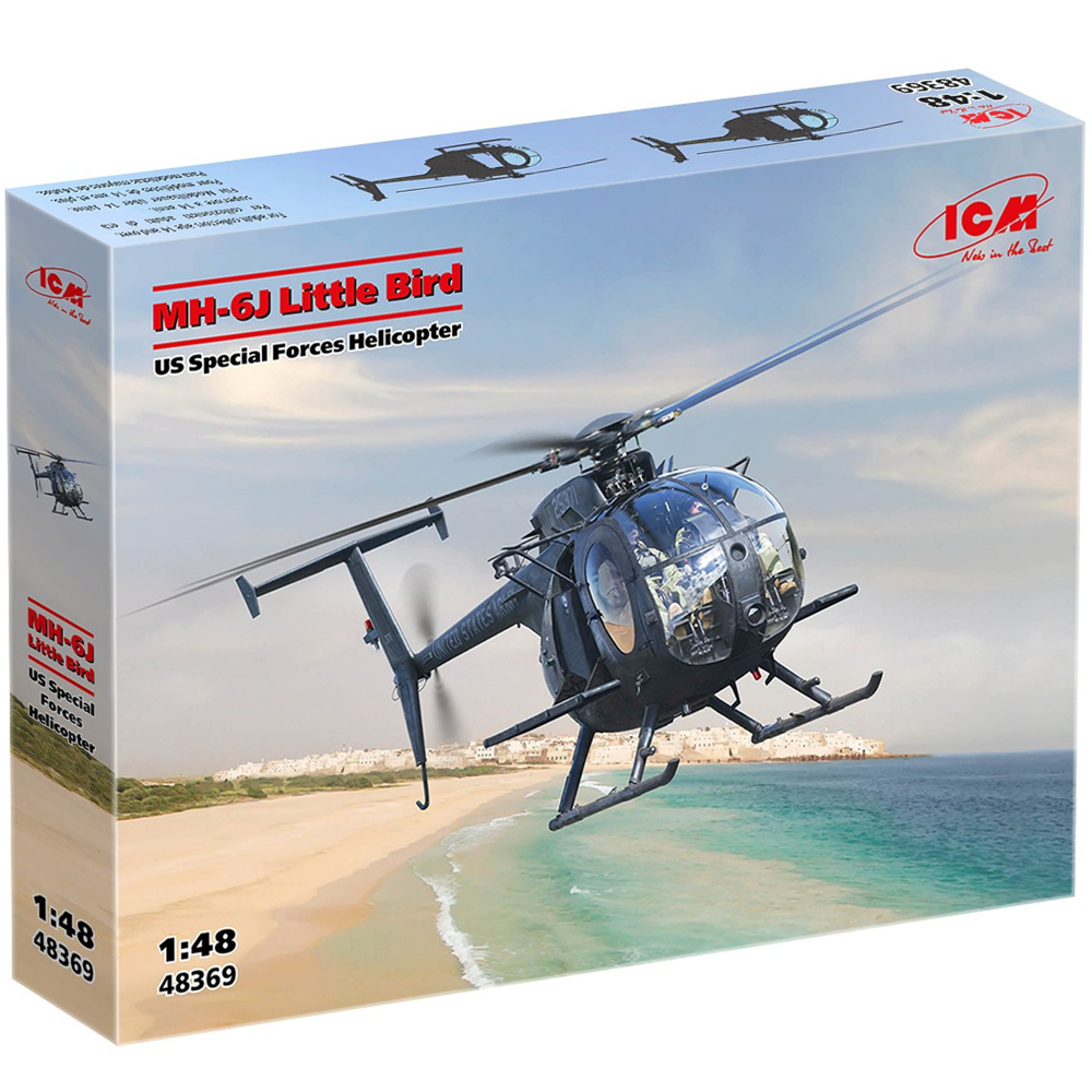 ICM MH-6J Little Bird scale model kit. Model helicopter kit packaging with ICM branding and helicopter image on a beach background