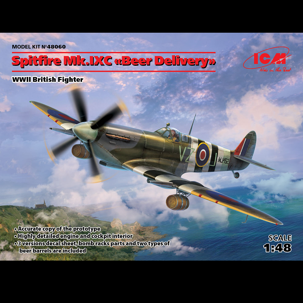 Spitfire Mk.IXC “Beer Delivery”. A 1:48 scale plastic model kit depicting the RAF’s modified Spitfire IX used for special missions in 1944. Requires assembly and painting