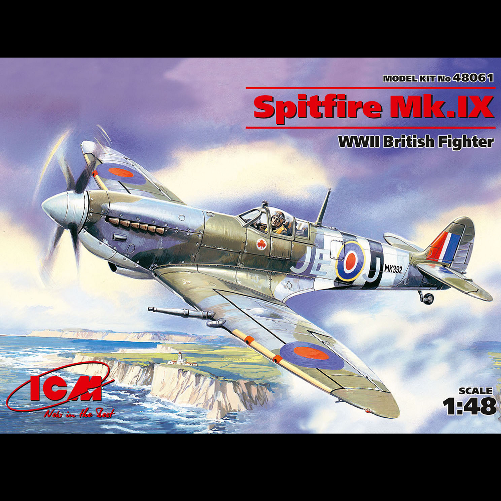 Spitfire Mk.IX. A 1:48 scale plastic model kit depicting the RAF’s versatile fighter used in multiple roles during WWII. Requires assembly and painting.