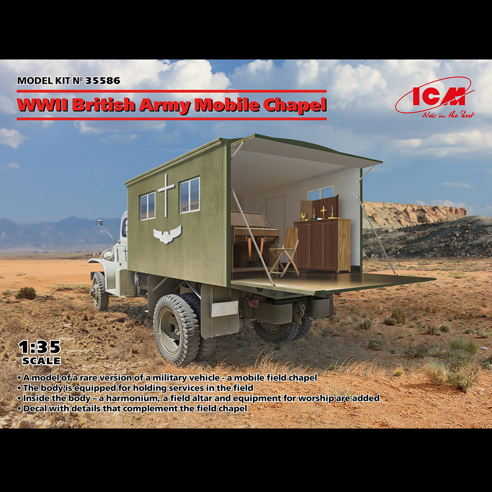 WWII British Army Mobile Chapel (ICM 35586). A 1:35 scale model kit depicting a Chevrolet G7117 truck converted into a mobile field chapel. Requires assembly