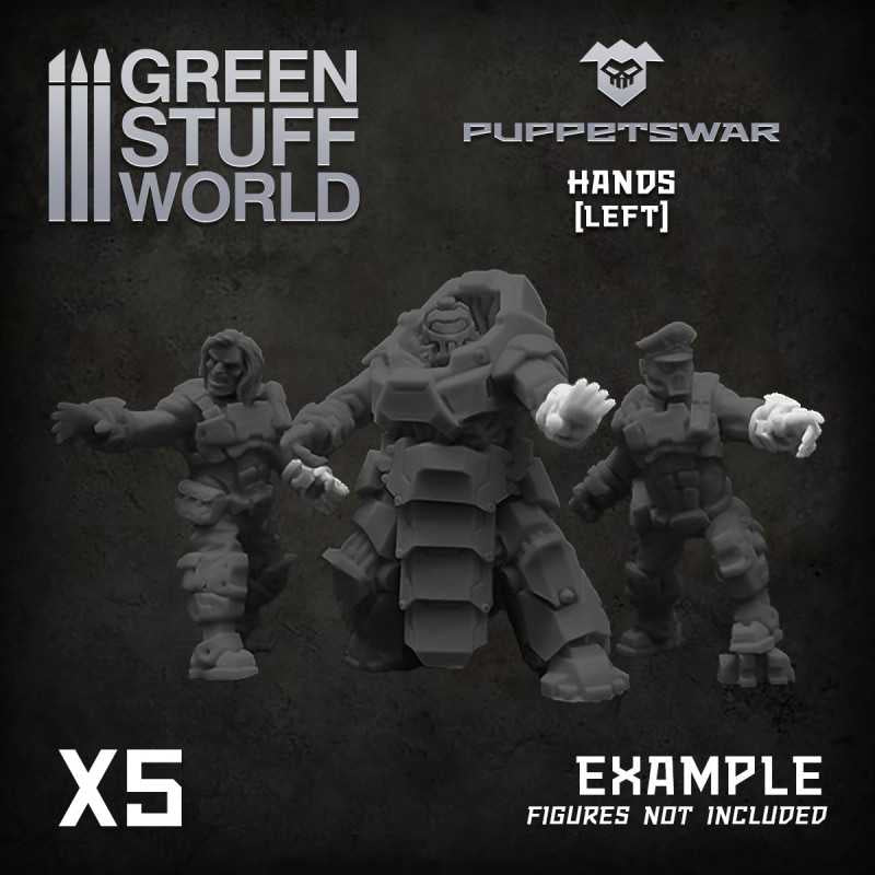 Left Hands by Puppetswar from Green Stuff World. A pack of 5 resin right hands in various poses designed to fit 28/32mm tabletop wargaming miniatures such as Warhammer 40k space marines helping you to modify your army.