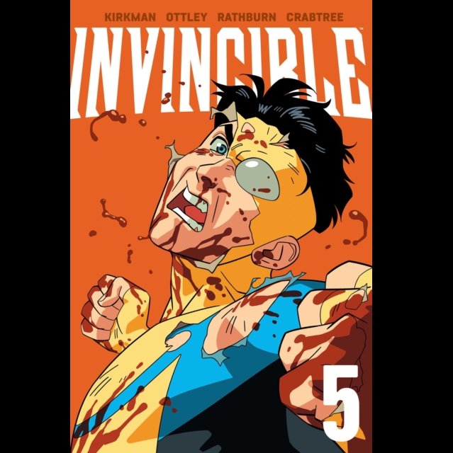 Comic book cover of 'Invincible' with a character in a dynamic pose on an orange background.