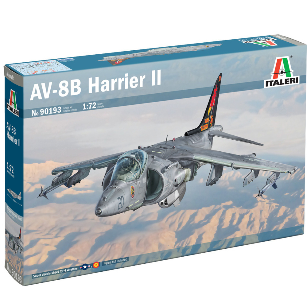 Italeri AV 8B Harrier II 1 72 scale plastic model kit strike fighter aircraft. Model kit box for AV-8B Harrier II by Italeri with aircraft illustration on a blue background