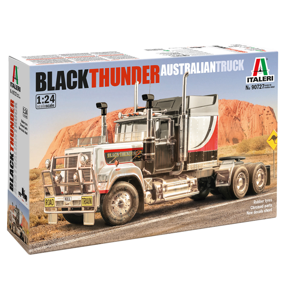 Model truck kit packaging for 'Black Thunder Australian Truck' by Italeri on a white background. Italeri Black Thunder Australian Truck 1:24 scale custom truck model kit