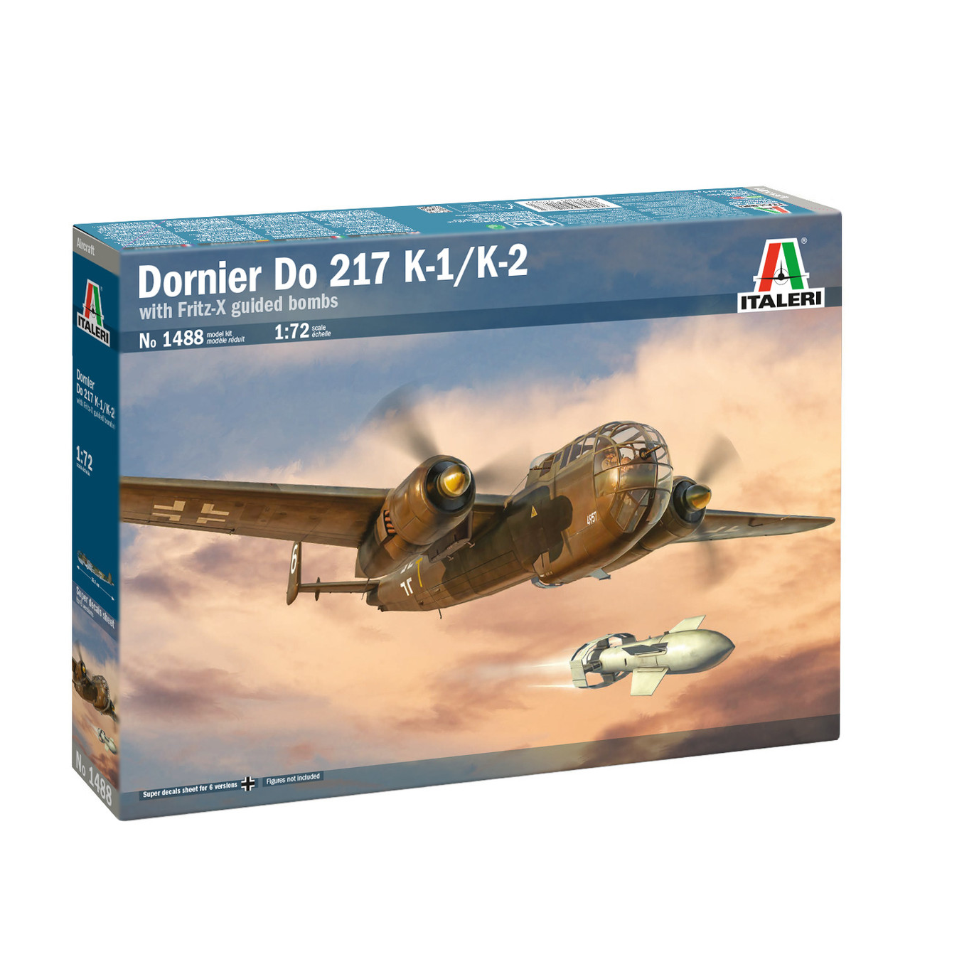 Italeri Dornier Do 217 K-1/K-2 with Fritz X Guided Bombs . Model airplane kit box for Dornier Do 217 K-1/K-2 with Italeri branding.