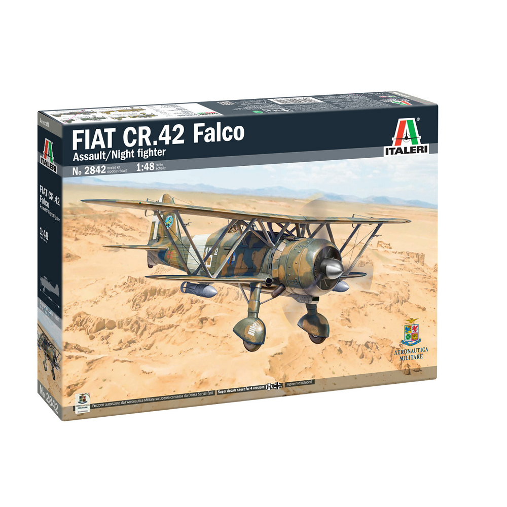 Italeri FIAT CR.42 Falco Assault/Night Fighter – 1:48 Scale WWII Italian Biplane Model Kit. sleek italian biplane model with radial engine, open cockpit and fixed landing gear, showcasing the iconic shape of the WWII-era FIAT CR.42 Falco fighter.