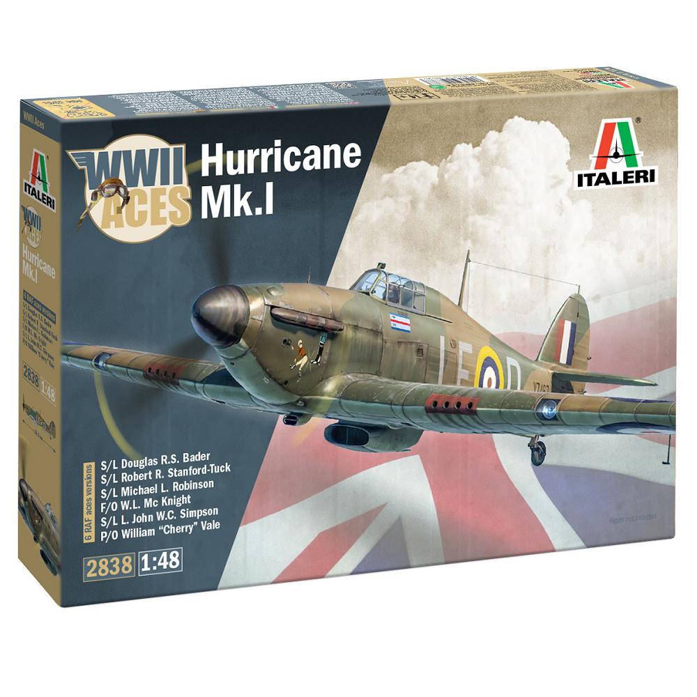 Italeri Hurricane Mk 1 WW2 Aces. A 1:48 scale model of the iconic Hawker Hurricane. Includes ace decals, photo-etched parts, and detailed instructions.