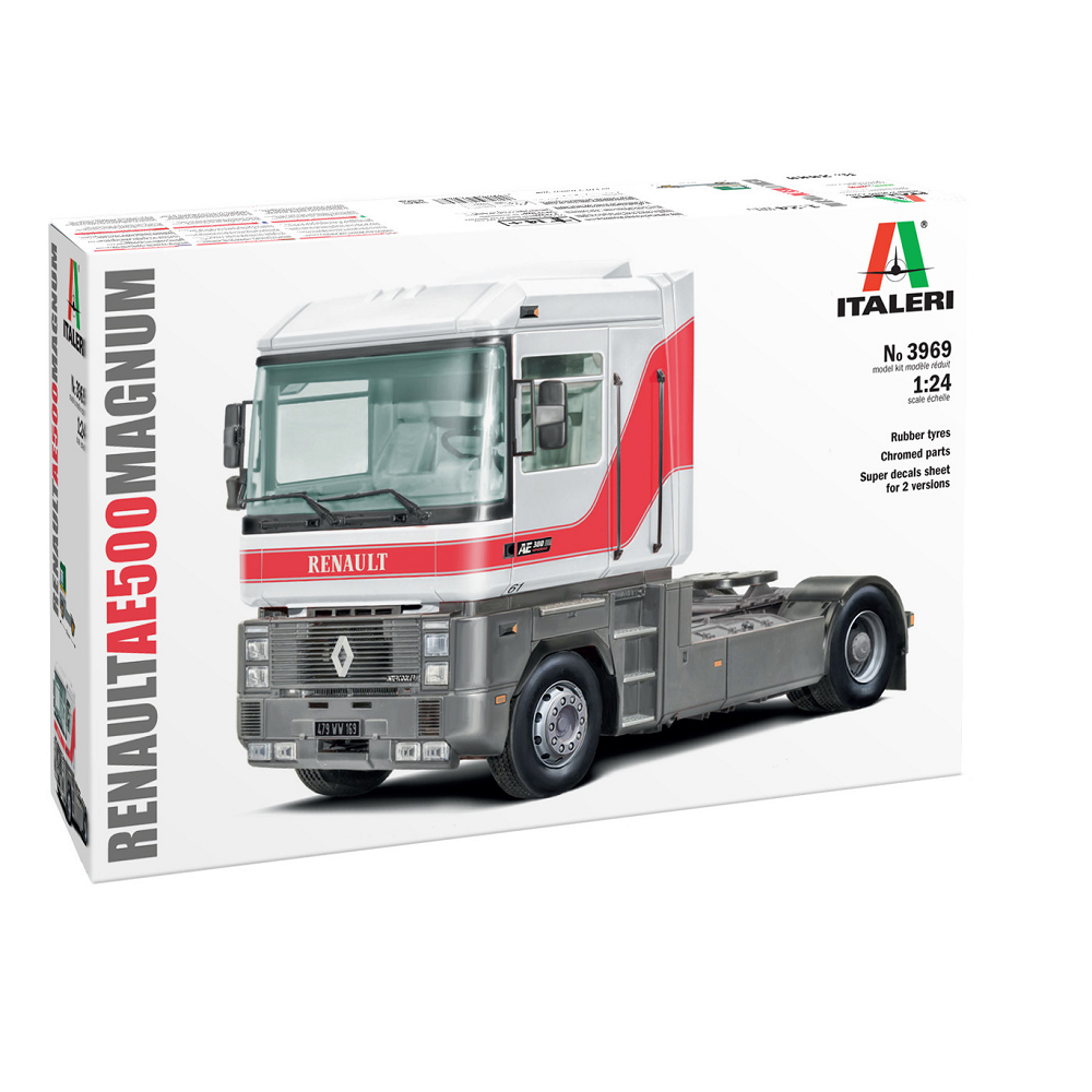 Italeri Renault AE500 Magnum Truck 1:24 Scale Model Kit. angular european long-haul truck model with chrome details, raised cab and rubber tyres, replicating the distinctive look of the 1990s renault magnum.