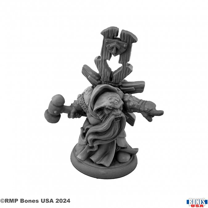 30172 Ivar Dwarf Priest from the Reaper bones USA legends range, sculpted by Werner Klocke. A grumpy looking Dwarf with his mouth open and his finger pointing, holding a hammer in one hand, a wooden pack on his back and long beard flowing, a great edition to you Dungeons & Dragons, tabletop game or other RPG