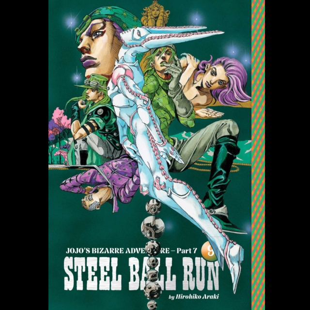 Illustrated book cover for JoJo's Bizarre Adventure Part 7 Steel Ball Run, featuring multiple anime-style characters against a dark green background with the title in large white text at the bottom. JoJo's Bizarre Adventure Part 7 Steel Ball Run Vol.9