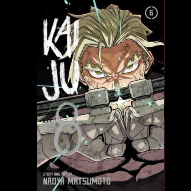 Kaiju No. 8, Vol. 6. Comic book cover with an angry character holding a gun, featuring the title 'Kaiju' and artist's name.