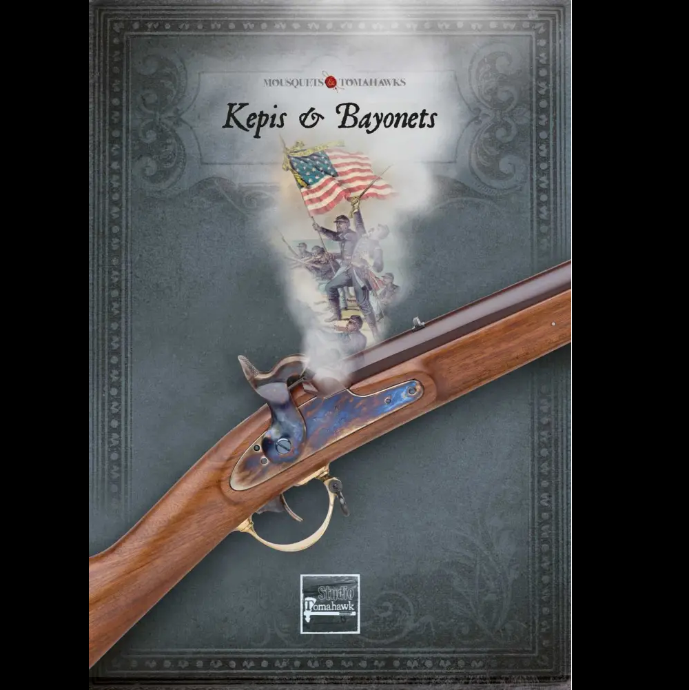 Product packaging for a rifle with an American flag and decorative elements on a dark background. Kepis and Bayonets American Civil War Muskets and Tomahawks supplement