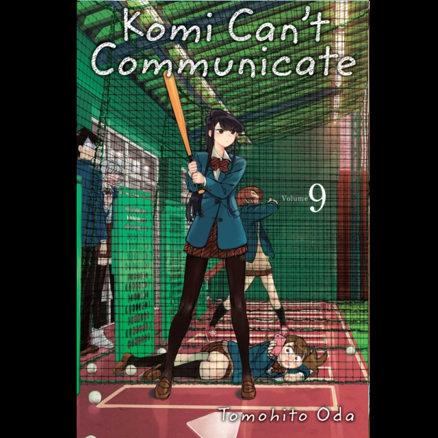 Book cover of 'Komi Can't Communicate' Volume 9 with an illustration of a character in a batting stance. Komi Can’t Communicate Volume 9 paperback manga by Tomohito Oda Shonen Sunday graphic novel cover art