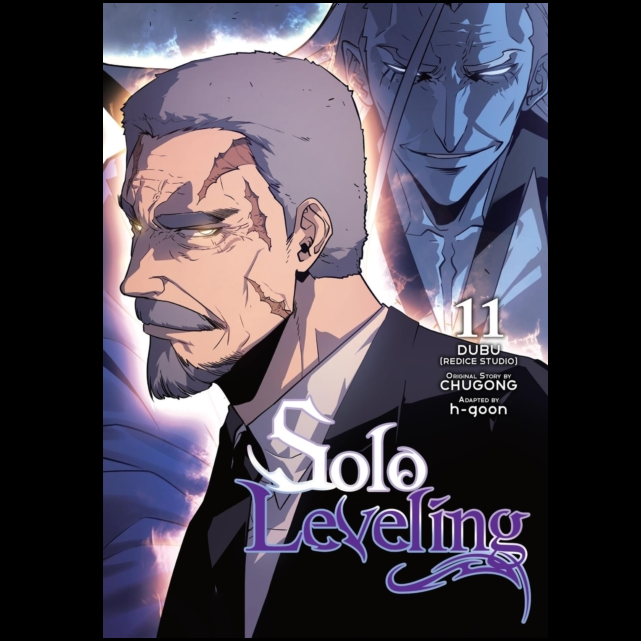 Solo Leveling, Vol. 11. Book cover of 'Solo Leveling' with a character design and stylized text. Comic book cover of 'Solo Leveling' with a character in a suit and another figure in the background.