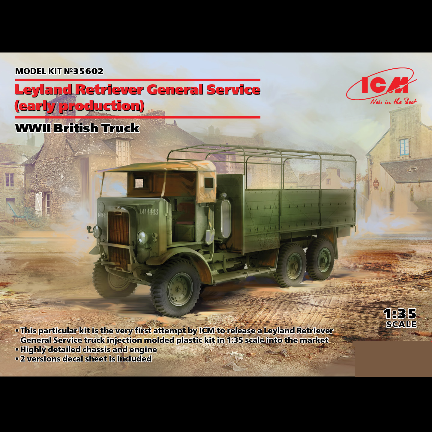 ICM Leyland Retriever General Service (Early Production). A 1:35 scale plastic model kit capturing the rugged military vehicle used by British forces in WWII.