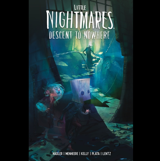 Book cover for 'Little Nightmares: Descent to Nowhere' featuring dark fantasy artwork of two characters in a ruined blue-lit alley, with the title in large white text at the top. Little Nightmares Descent to Nowhere paperback graphic novel by Lonnie Nadler