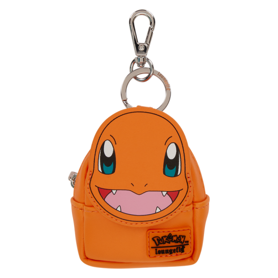 Orange Charmander keychain with a zipper on a white background. Loungefly Pokémon Charmander Mini Backpack Bag Charm